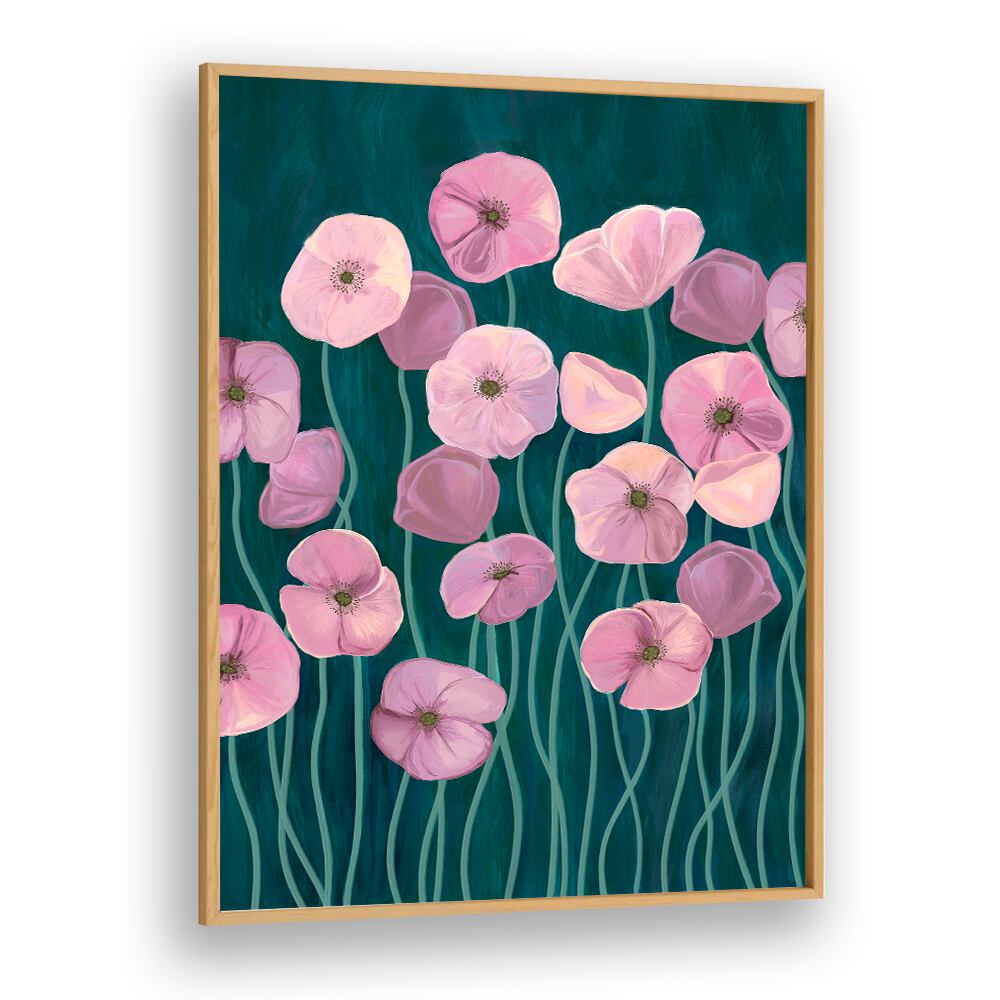 Vibrant PINK POPPIES II, FLORAL FLOWER PAINTINGS showcase delicate pink blooms against a rich teal backdrop.