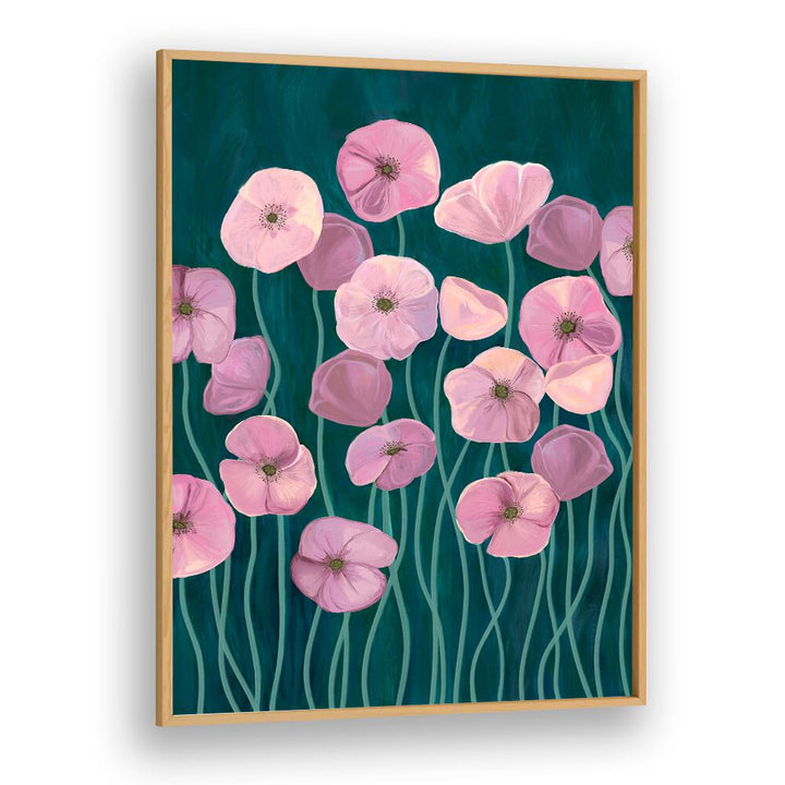 Vibrant PINK POPPIES II, FLORAL FLOWER PAINTINGS showcase delicate pink blooms against a rich teal backdrop.