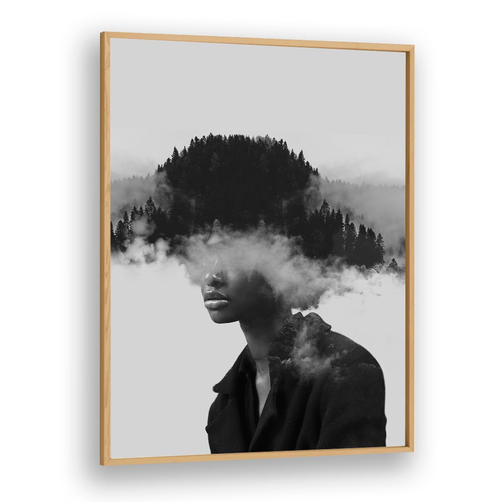 Surreal art print "FOGGY THOUGHTS" blends a serene landscape with a contemplative figure, perfect for mental clarity.
