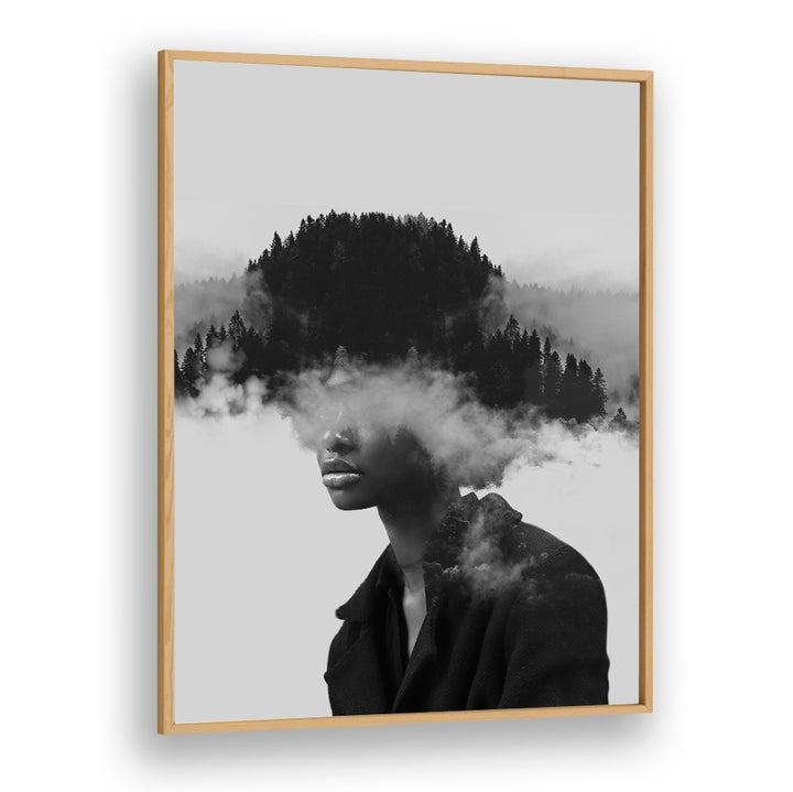 Surreal art print "FOGGY THOUGHTS" blends a serene landscape with a contemplative figure, perfect for mental clarity.