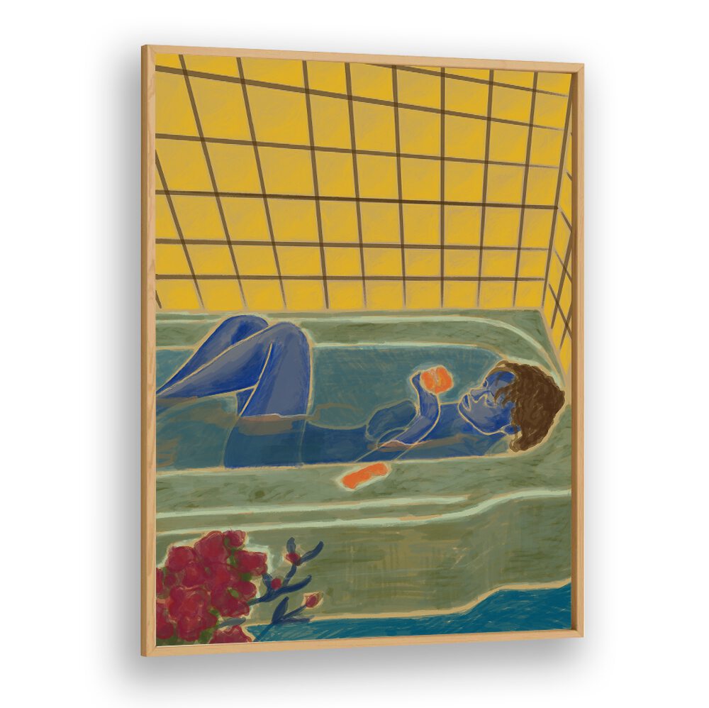 Elegant figurative illustration featuring a serene figure in a bath, highlighting THE ROSE, PORTRAITS collection beauty.