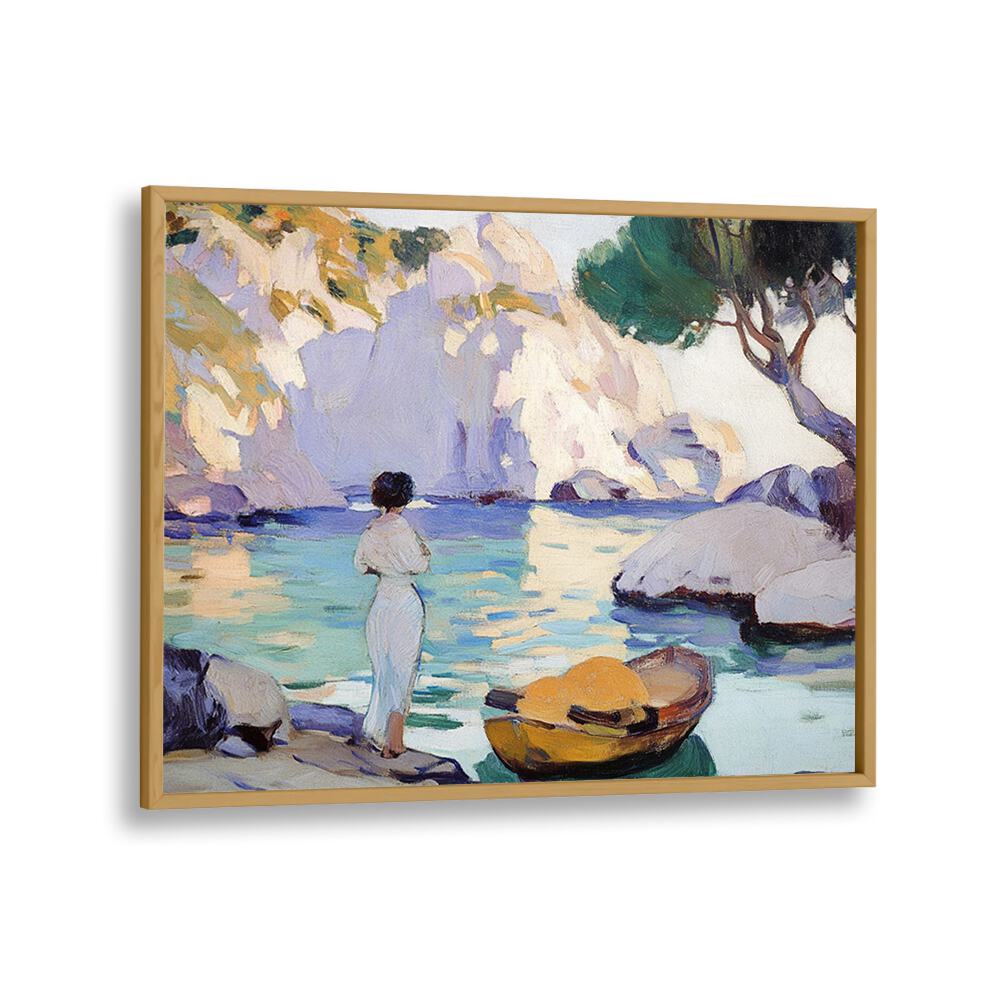 A serene WOMAN IN A BOAT gracefully navigating tranquil waters, perfect for adding elegance to any space.