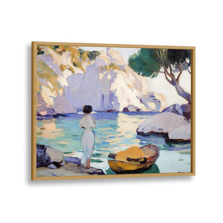 A serene WOMAN IN A BOAT gracefully navigating tranquil waters, perfect for adding elegance to any space.