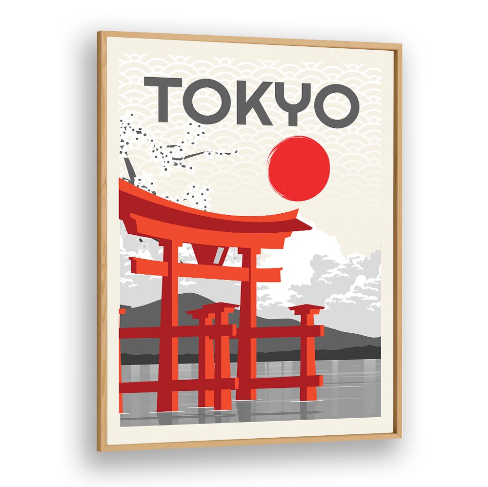Vibrant TOKYO SUN, JAPANESE PAINTINGS artwork featuring traditional torii gates and the iconic red sun.