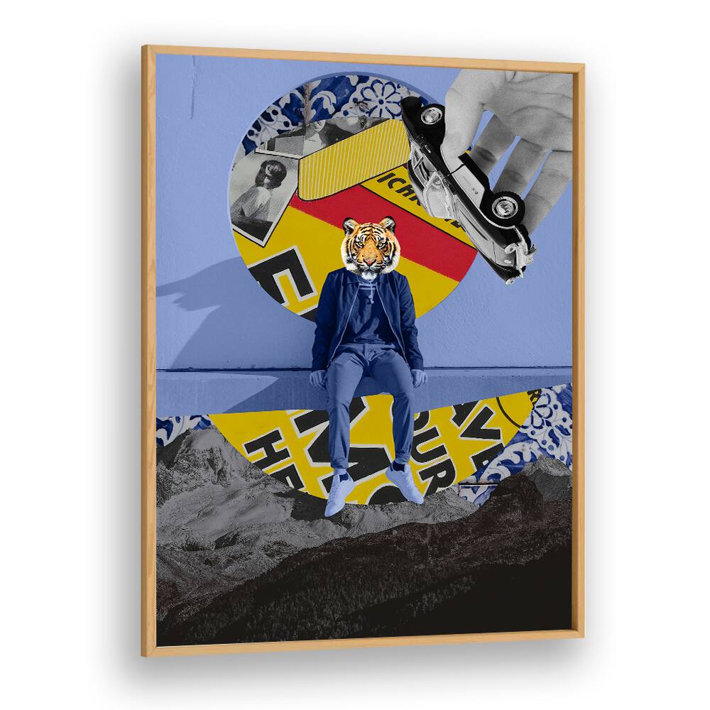 Unique CITIZEN, SURREAL ART PRINTS featuring a stylish figure with a tiger head, vibrant colors, and creative elements.