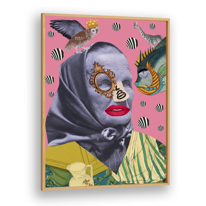 Surreal art print featuring a whimsical grandmother portrait, embodying warmth and tradition in vibrant designs. GRANDMOTHER, SURREAL ART PRINTS.