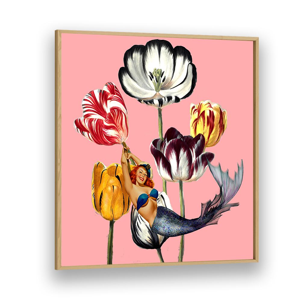 Colorful mermaid among vibrant tulips, showcasing enchanting beauty in MERMAID ON EARTH, PORTRAITS collection.