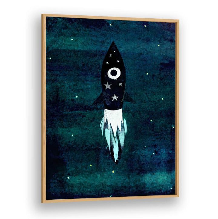SKY ROCKET HIGH , KIDS ROOM PAINTINGS with a playful rocket design on a starry night background by Oakwood Plain.