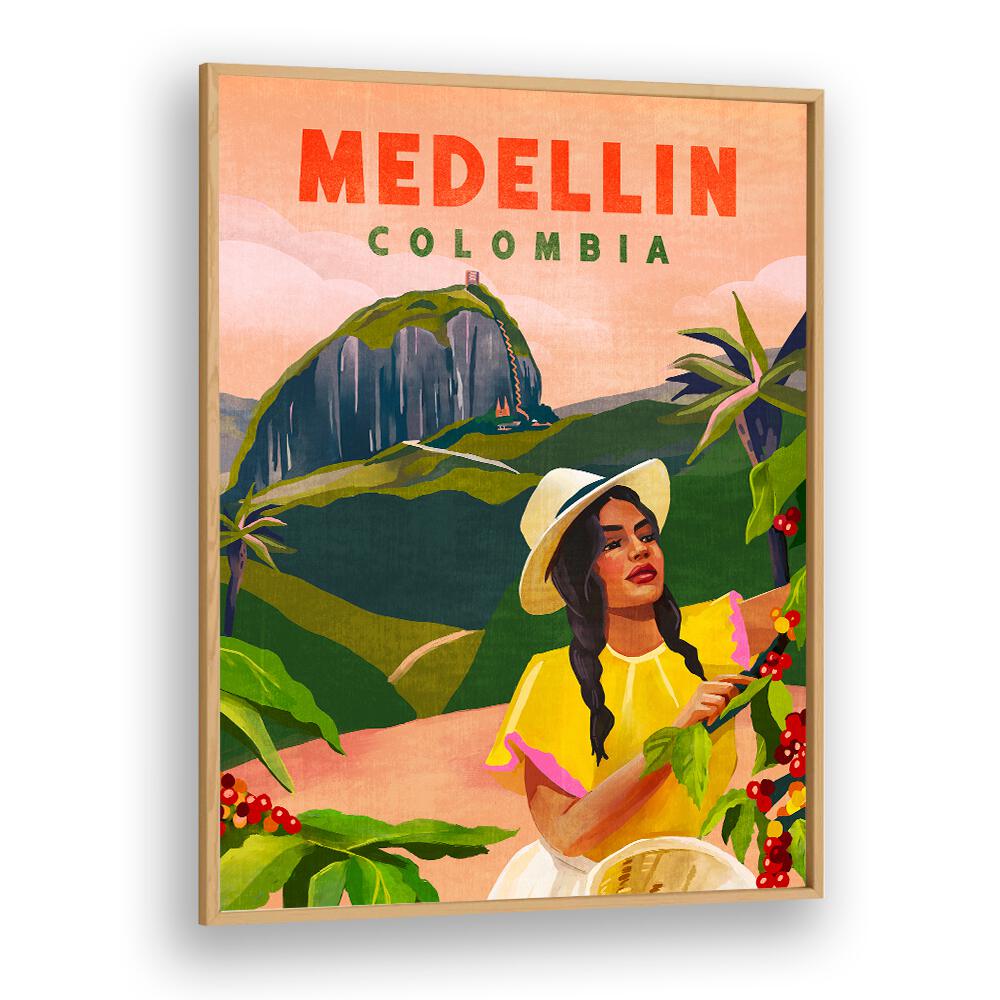Colorful vintage travel poster showcasing Medellin, Colombia with a vibrant woman illustration, perfect for decor.