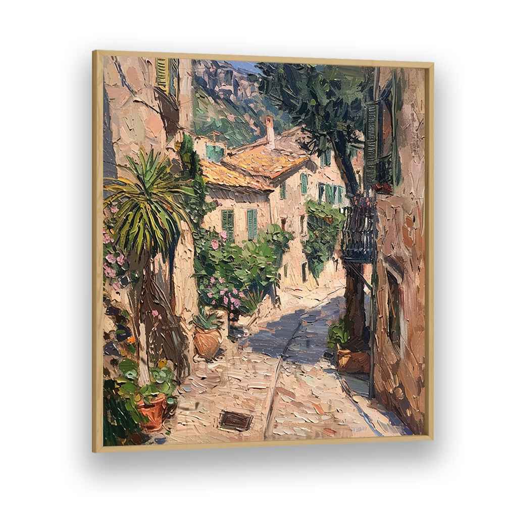 Captivating scene of a charming street in Mallorca II, showcasing vibrant architecture and lush greenery.