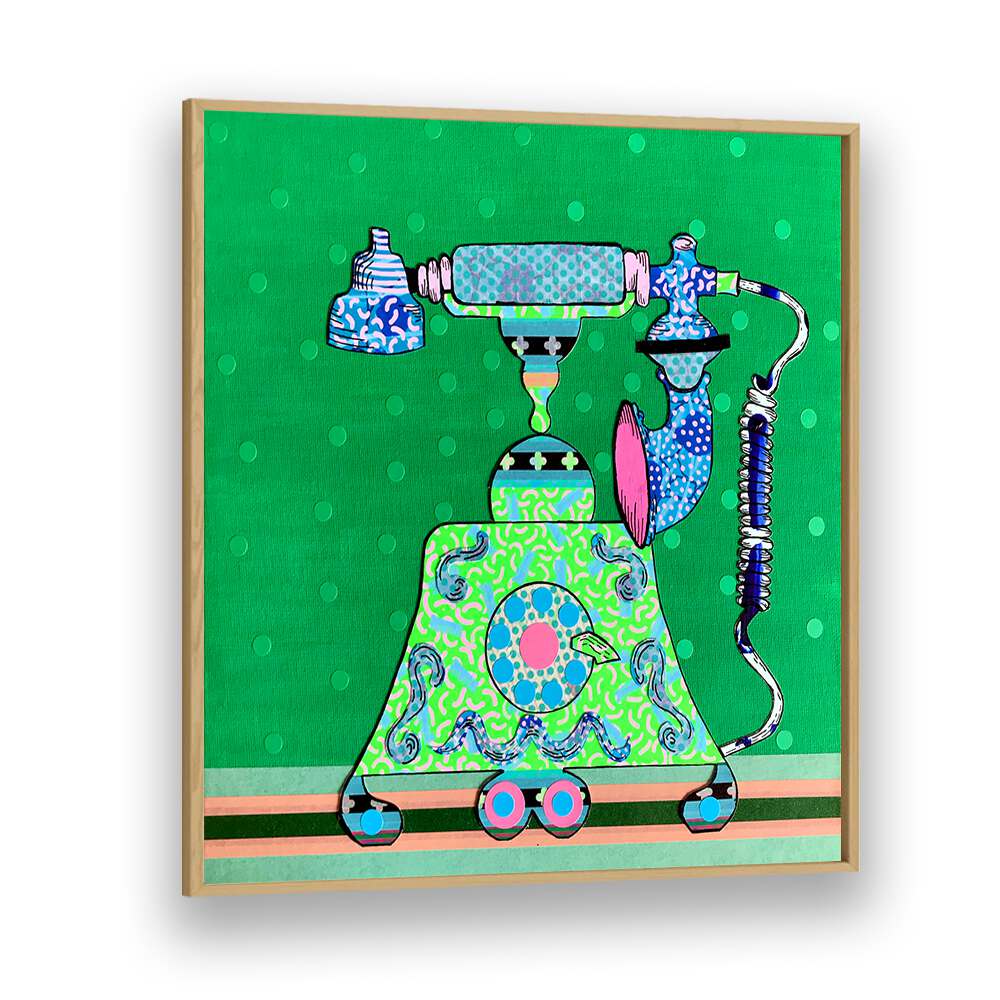 Colorful retro telephone against a vibrant green background, showcasing the MIDNIGHT CALL, POP ART PAINTINGS.