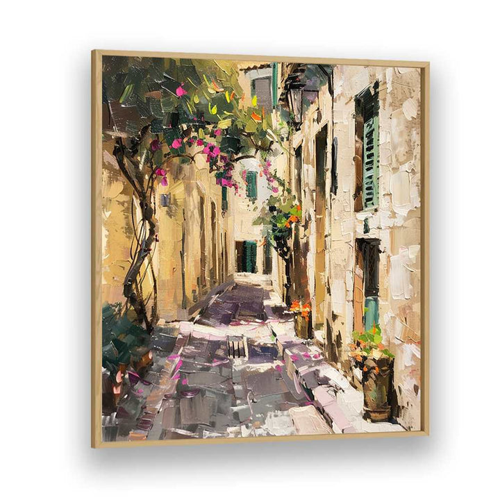 Elegant scene of ALLEYWAY MALLORCA, featuring charming streets and blooming flowers, perfect for modern decor.