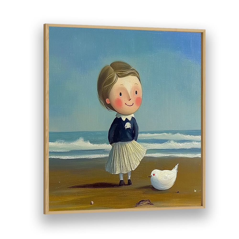 Charming LITTLE GIRL ON THE BEACH II artwork captures childhood joy with a playful girl and a bird by the sea.