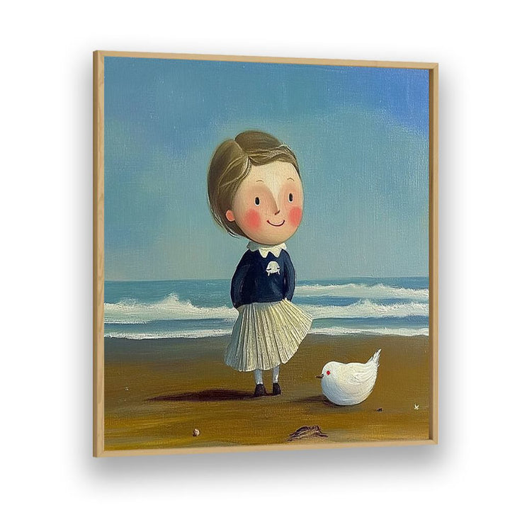 Charming LITTLE GIRL ON THE BEACH II artwork captures childhood joy with a playful girl and a bird by the sea.