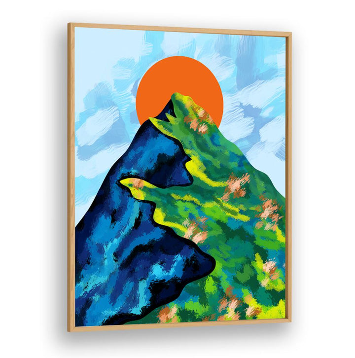 Colorful mountain scene with a vibrant sun, showcasing BRIGHT HORIZON, LANDSCAPE PAINTINGS for modern decor.