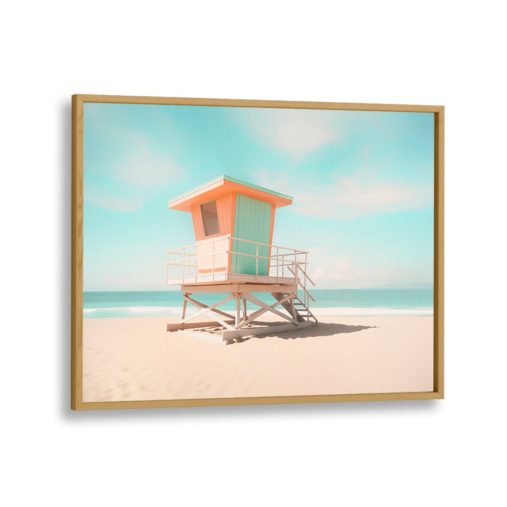 Brightly colored lifeguard tower on the beach, showcasing LIFEGUARD TOWER MOODS, BEACH PAINTINGS for stylish coastal decor.