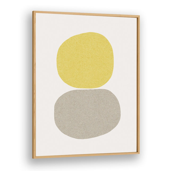 Brighten your space with HAPPY, ABSTRACT PAINTINGS featuring playful shapes in vibrant yellow and gray tones.