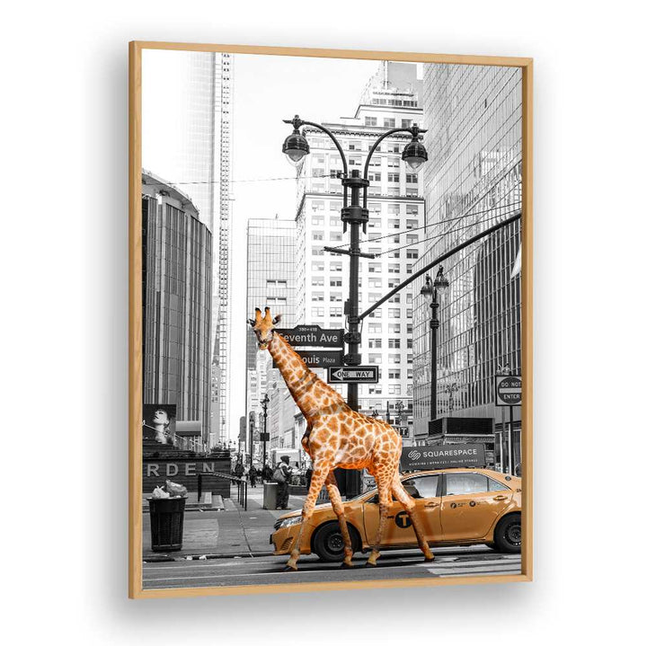 Giraffe crossing a city street in a unique MORNING WALK, ANIMAL PAINTINGS artwork, adding charm to your decor.