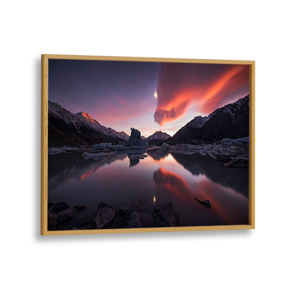 Breathtaking sunset over mountains reflected in serene water, showcasing KISS OF DRAGON , PHOTOGRAPHY PRINTS.