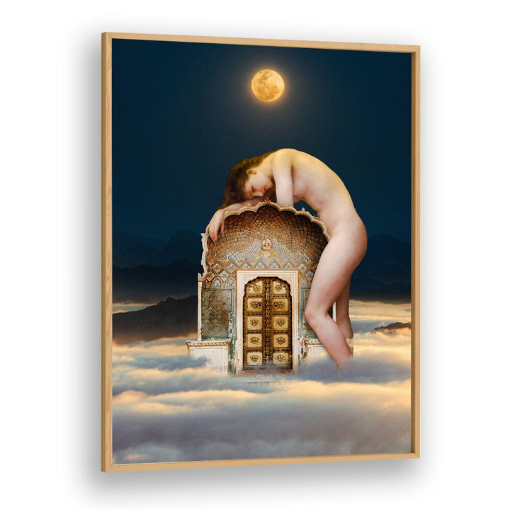 GATEKEEPER, ALTERED ART PRINTS feature a captivating figure atop an ornate structure under a moonlit sky. Perfect for any space.
