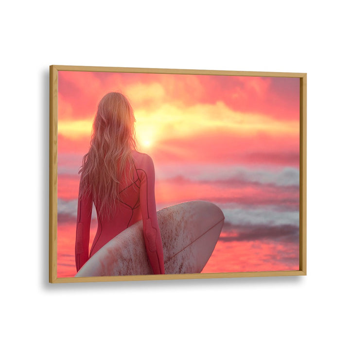 Surfer gazes at a vibrant sunset, showcasing SURFSIDE ELEGANCE, BEACH PAINTINGS by Philippe Hugonnard.