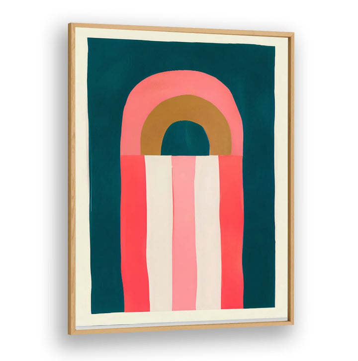 GOLDEN HOUR, GEOMETRIC ART PRINTS featuring bold arches and vertical stripes in coral, pink, brown, and teal tones by Oakwood Plain.