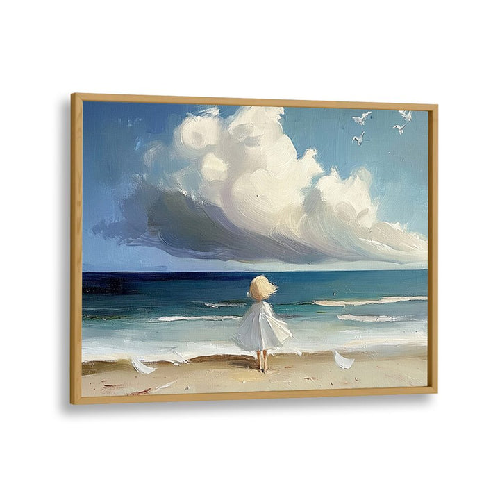Enchanting LITTLE GIRL ON THE BEACH artwork captures childhood joy, perfect for adding whimsy to your home decor.