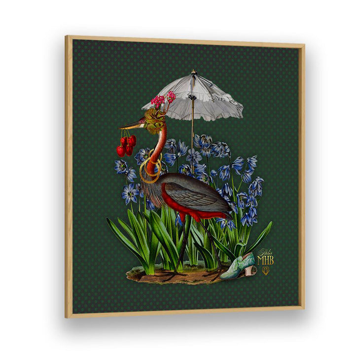 Whimsical heron adorned with fruits and flowers in the ENCHANTED FOREST V, ANIMAL PAINTINGS collection.
