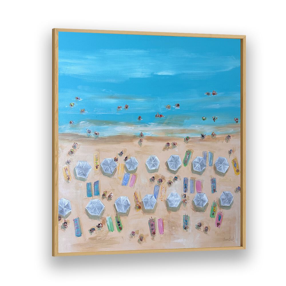 Vibrant BIRDSEYE WHITE UMBRELLAS, BEACH PAINTINGS capturing sunny beach scenes, perfect for coastal decor.