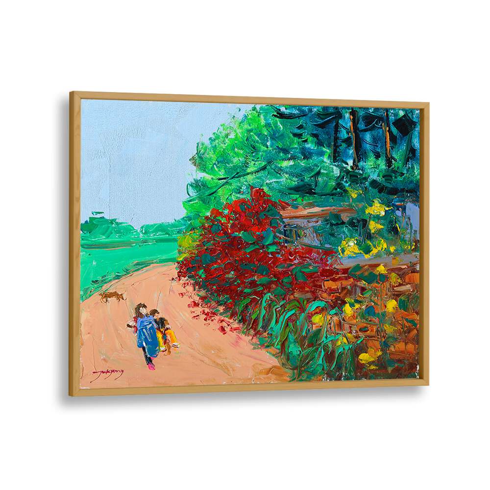 Vibrant WILD ROSE WALL PATH, LANDSCAPE PAINTINGS featuring children walking along a colorful garden path.