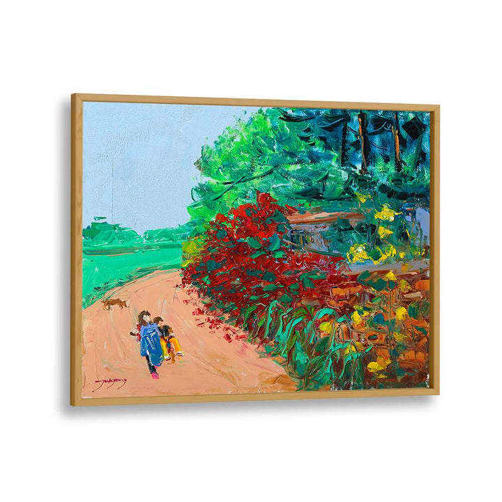 Vibrant WILD ROSE WALL PATH, LANDSCAPE PAINTINGS featuring children walking along a colorful garden path.