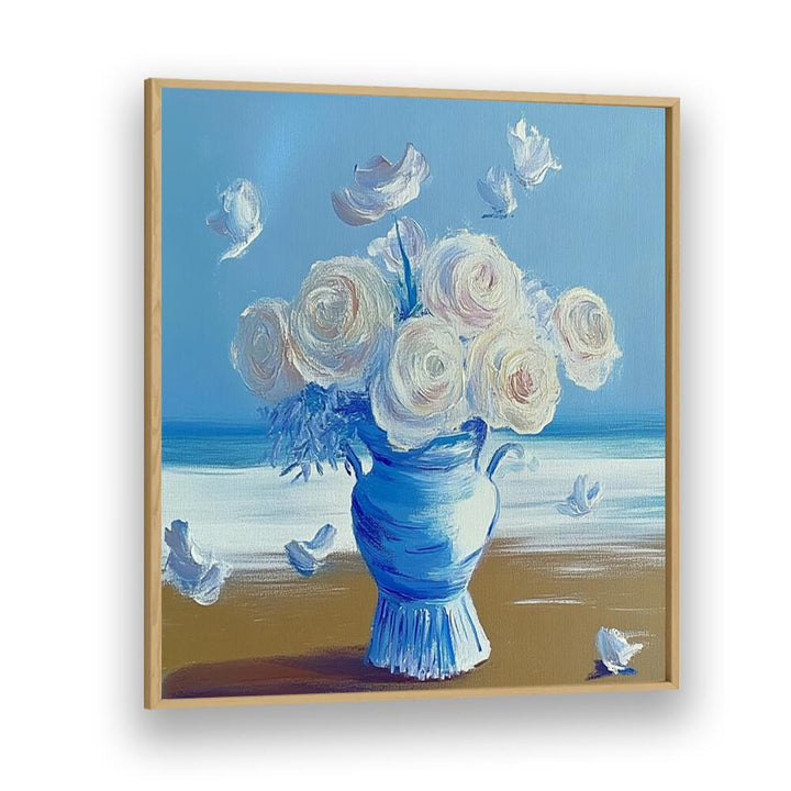 Stunning BLUE ROSES ON THE BEACH centerpiece in a blue vase, perfect for adding elegance to any space.