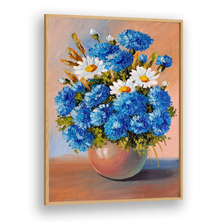 Blue and White Petals Vintage European Paintings in Oak Wood Plain Frame