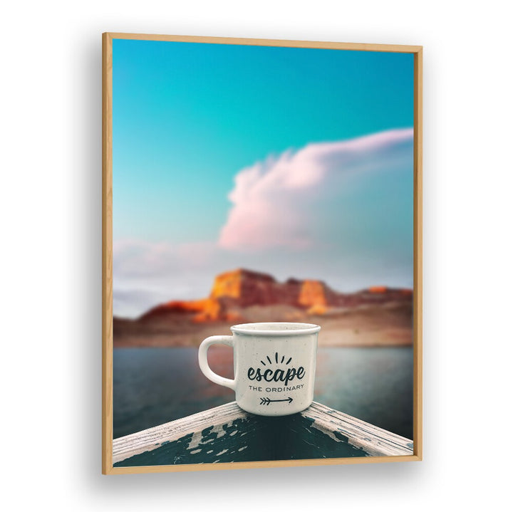Enjoy the inspiring ESCAPE USA TRAVEL, QUOTES poster featuring a scenic view and a cozy mug for adventurers.