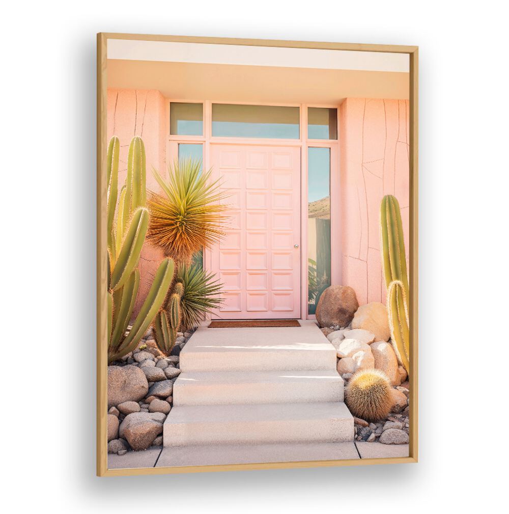 Stylish PINK MID-CENTURY, BEACH PAINTINGS featuring a chic pink door and vibrant desert plants by Philippe Hugonnard.