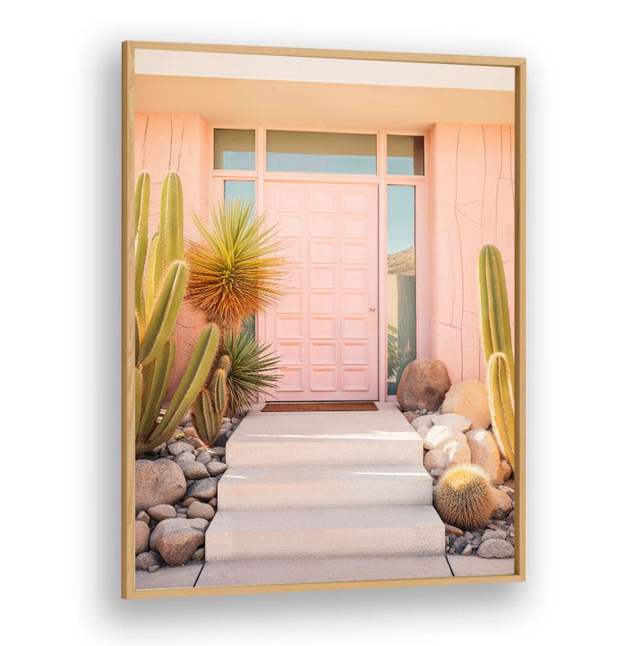 Stylish PINK MID-CENTURY, BEACH PAINTINGS featuring a chic pink door and vibrant desert plants by Philippe Hugonnard.