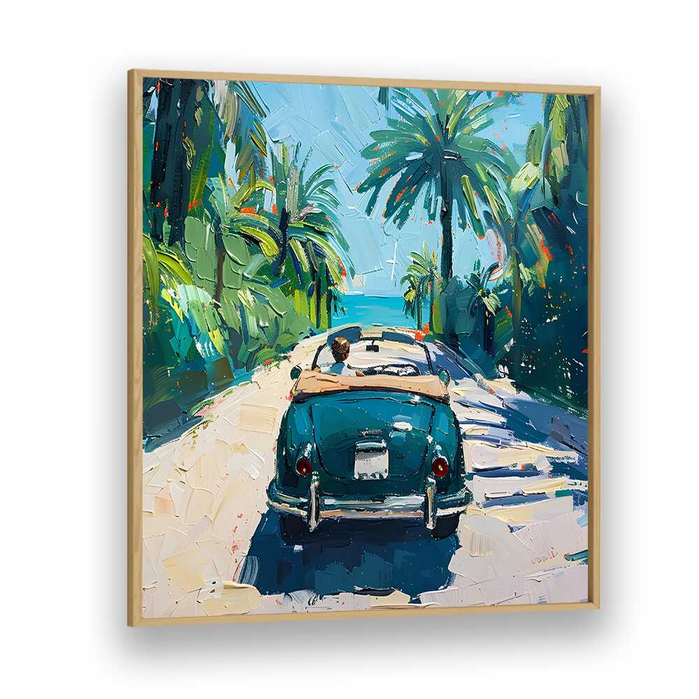Stylish CAR ON THE BEACH artwork captures the thrill of coastal escapades with vibrant colors and palm trees.