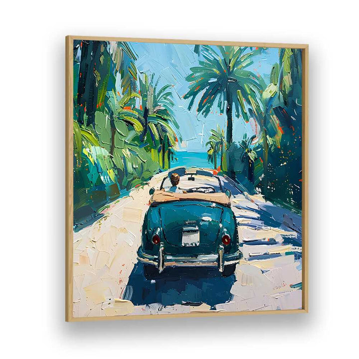 Stylish CAR ON THE BEACH artwork captures the thrill of coastal escapades with vibrant colors and palm trees.