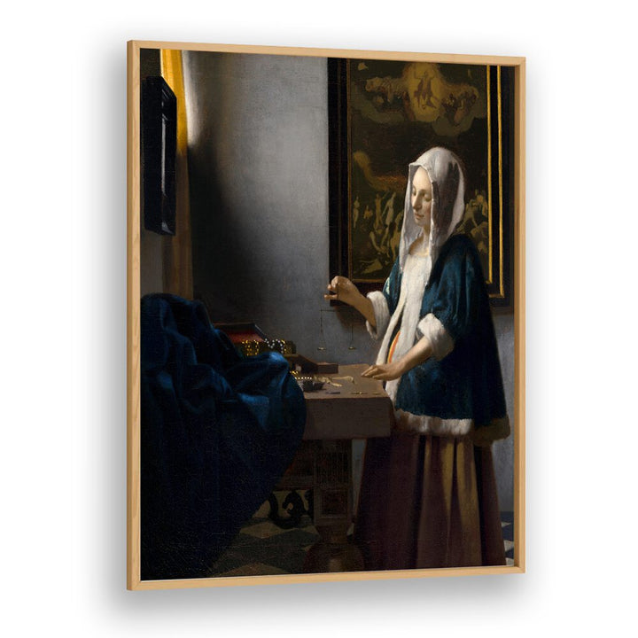 WOMAN HOLDING A BALANCE (CA. 1664)  BY JOHANNES VERMEER, VINTAGE PAINTINGS