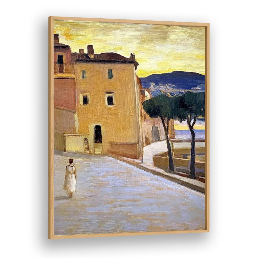 Stunning artwork of a woman walking down a street, blending modern aesthetics with classic charm. Perfect for décor.