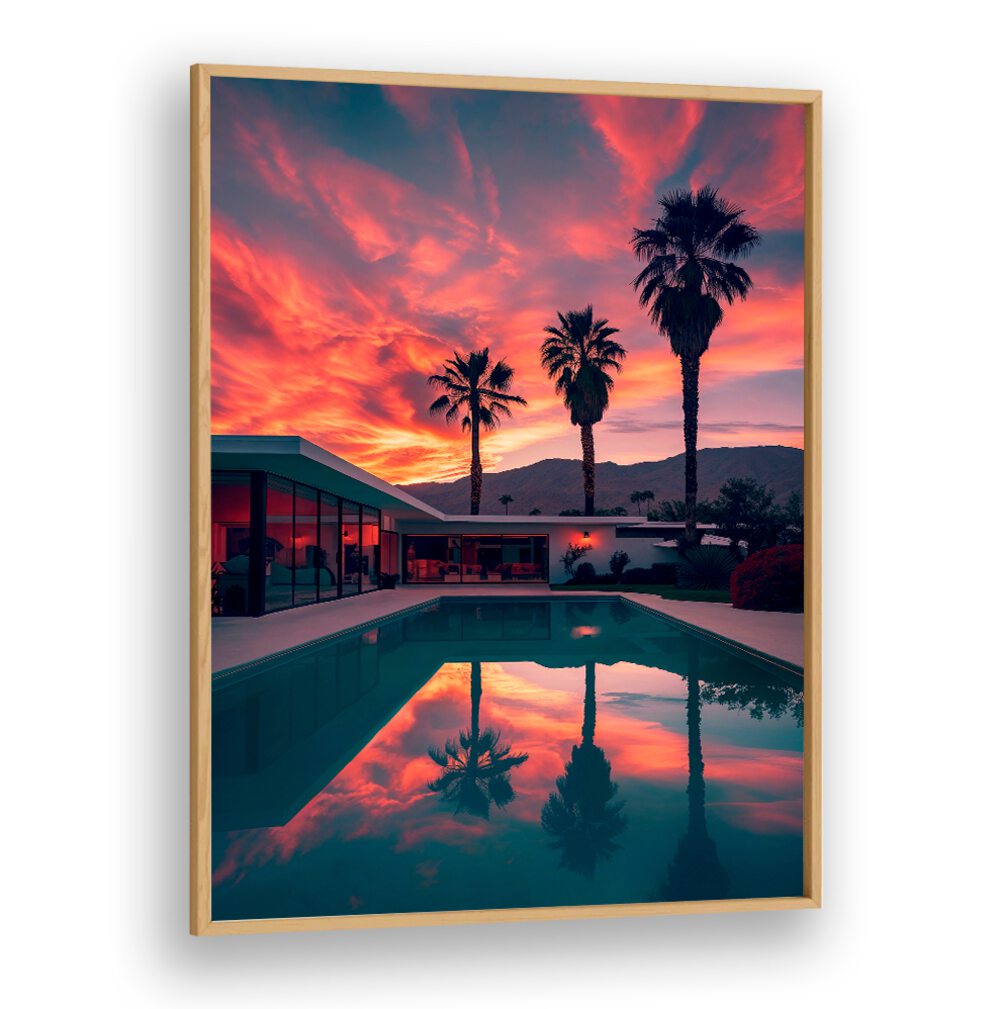 Stunning FALLING OF THE NIGHT, BEACH PAINTINGS featuring vibrant twilight reflections and palm trees by Philippe Hugonnard.
