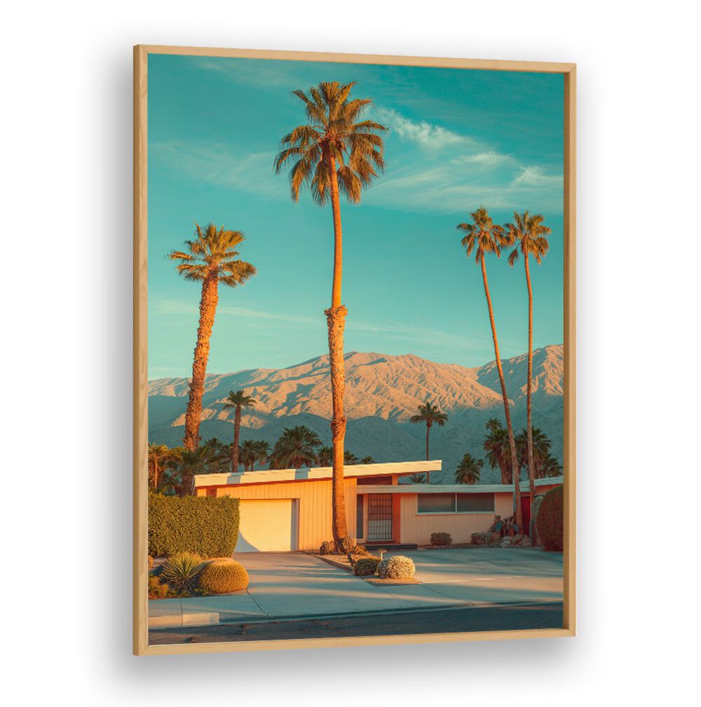 Vibrant FAMOUS PALM SPRINGS, BEACH PAINTINGS by Philippe Hugonnard, showcasing iconic palm trees and mountains.