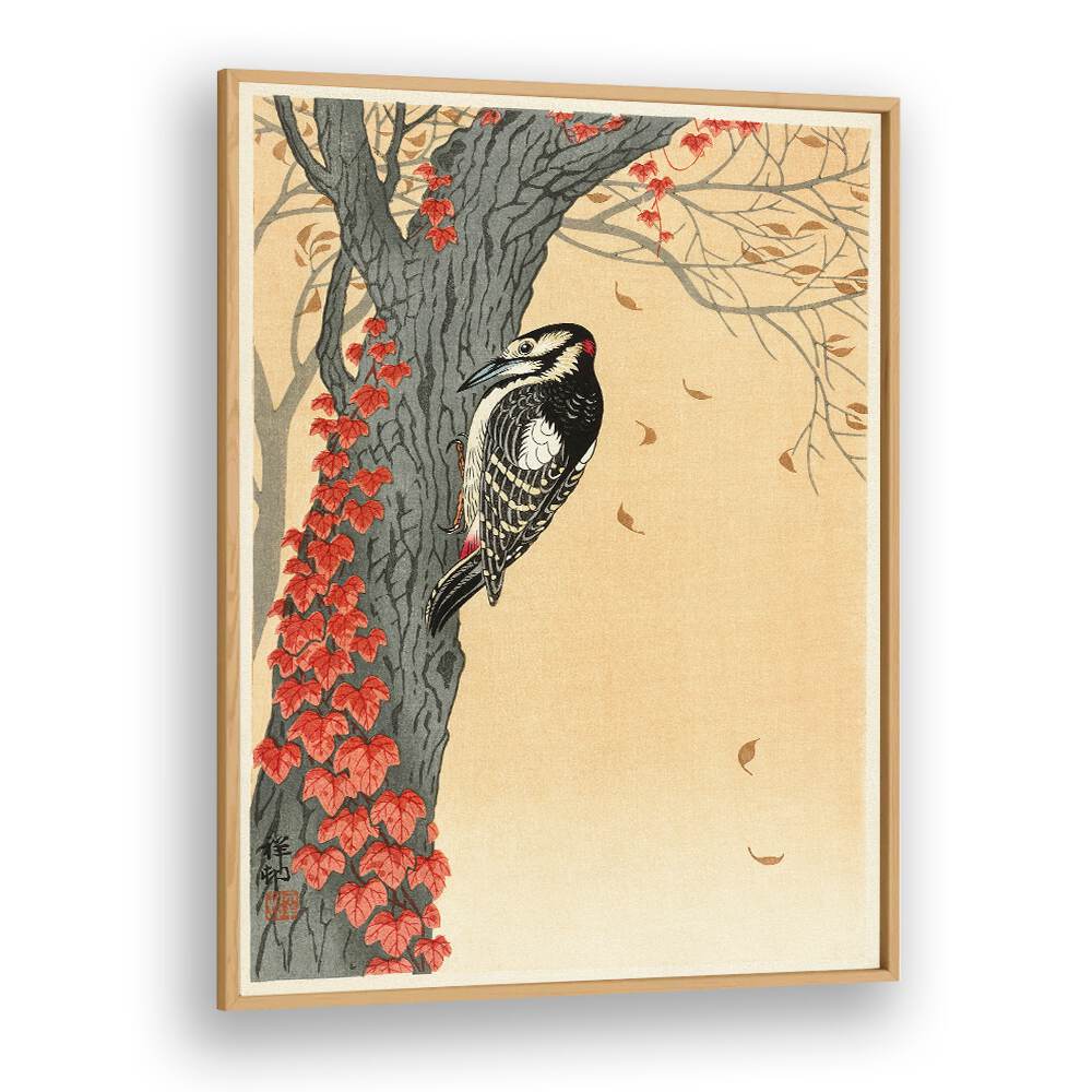 GREAT SPOTTED WOODPECKER IN TREE WITH RED IVY (1925 - 1936) , JAPANESE PAINTINGS , JAPANESE ART PRINTS