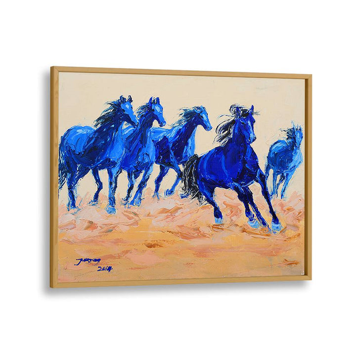 Vibrant blue horses gallop in the artwork "HORSE III, ANIMAL PAINTINGS," perfect for your art collection.