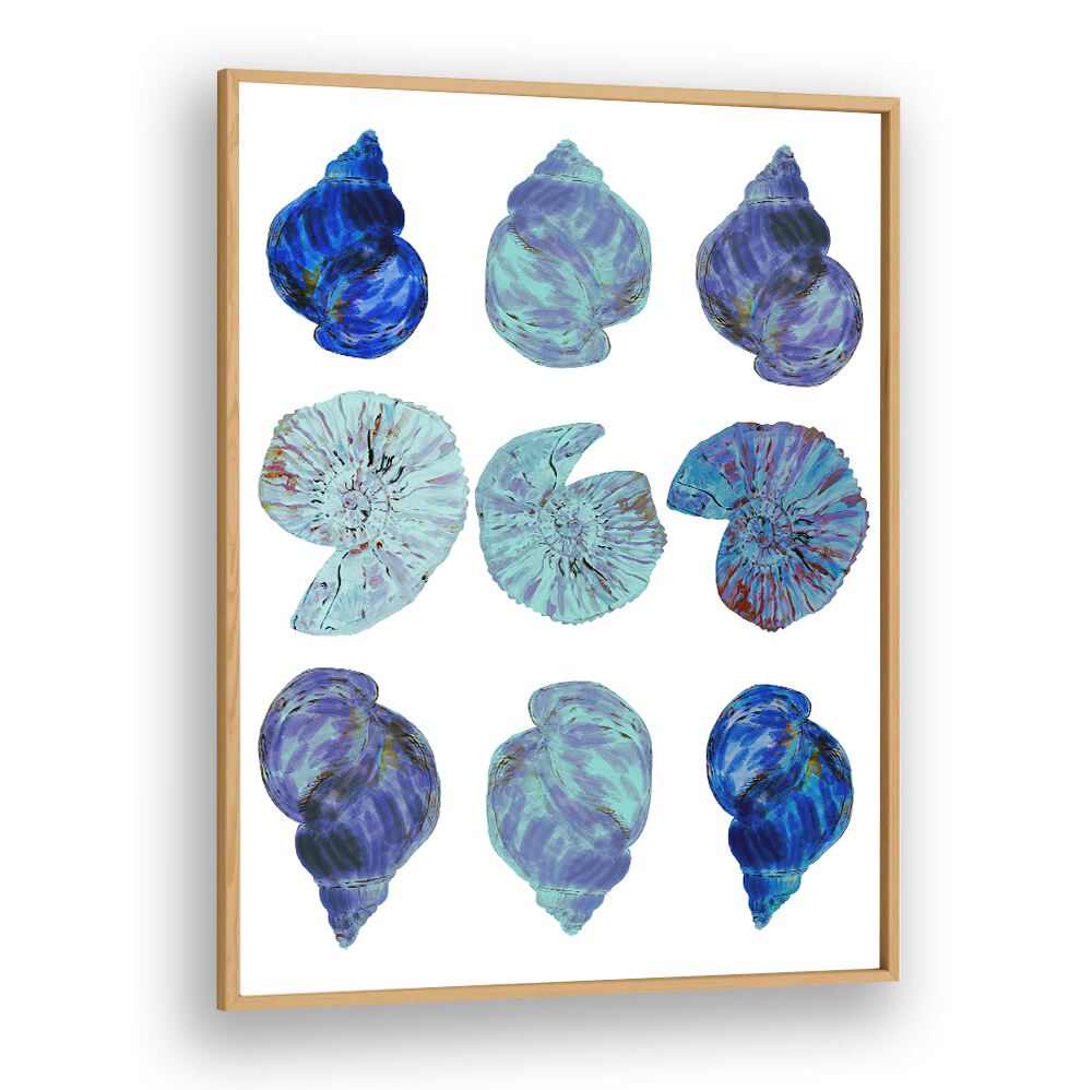 Colorful blue sea shells in a stunning arrangement, perfect for enhancing your space with BLUE SEA SHELLS, BEACH PAINTINGS.