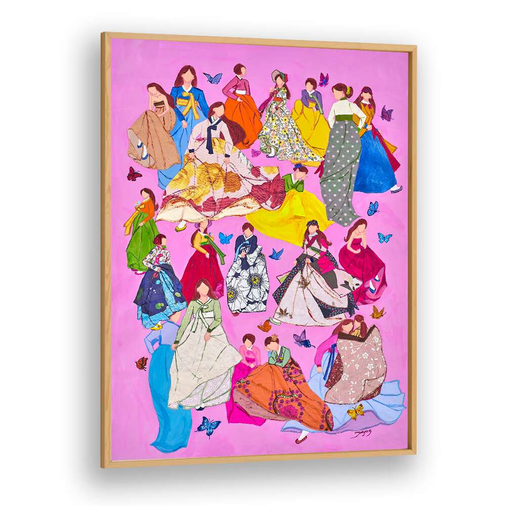 Colorful collage of WOMAN IN DRESSES, FASHION POSTERS featuring elegant outfits and butterflies on a vibrant pink background.