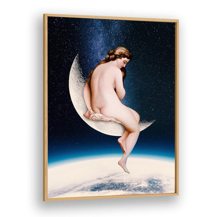 MOONWATCHER, ALTERED ART PRINTS feature a whimsical figure sitting on a crescent moon, perfect for creative spaces.