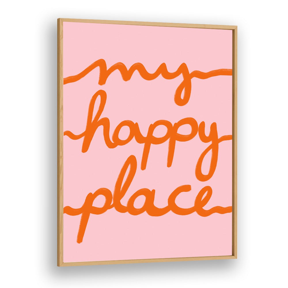 Colorful "MY HAPPY PLACE, KIDS ROOM PAINTINGS" artwork with cheerful orange text on a pink background for joyful decor.