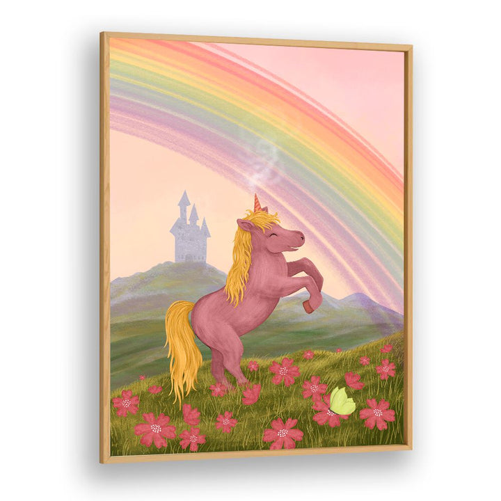 Vibrant RAINBOW UNICORN, KIDS ROOM PAINTINGS featuring a playful unicorn under a colorful rainbow and castle backdrop.