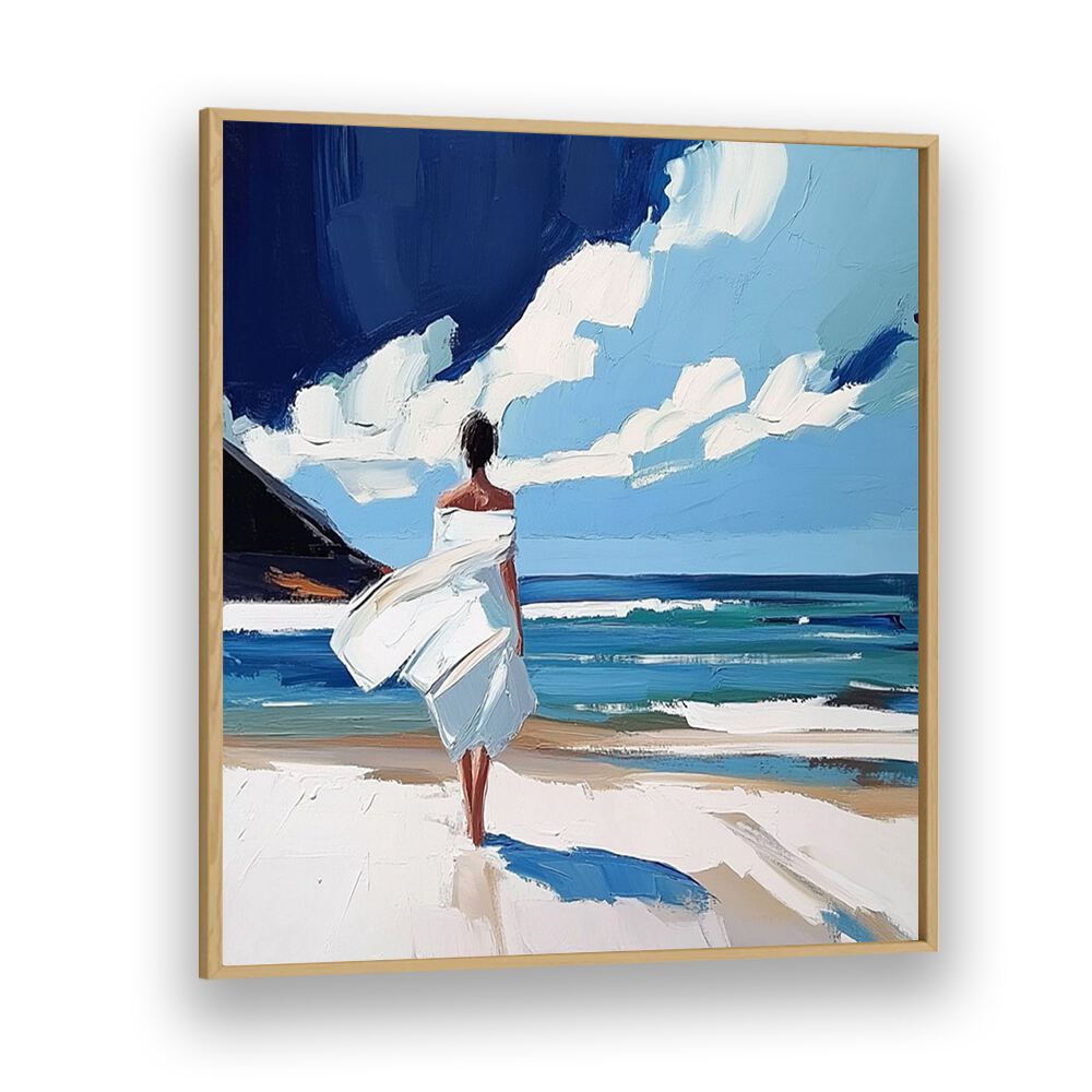 Serene artwork featuring a WOMAN WALKING ON THE BEACH, capturing tranquility and coastal vibes for art lovers.